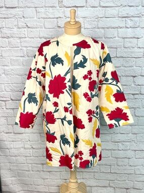 J. Peterman Quilted Floral Applique Ivory Cotton Long Coat Jacket Size M